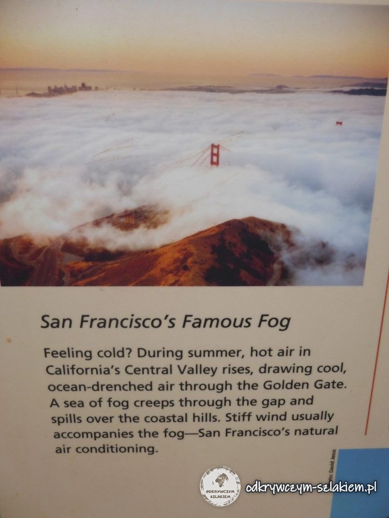 Tablica „San Francisco’s Famous Fog” wyjaśniająca, skąd latem bierze się zimna mgła wciskająca się przez Golden Gate