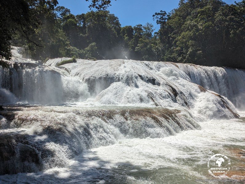 Szerokie kaskady Agua Azul w Chiapas – woda spływa po wapiennych progach wśród dżungli