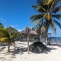 Plaża campingu Palula Beach w San Crisanto – palmy, zadaszenia z liści i nasz namiot nad Zatoką Meksykańską