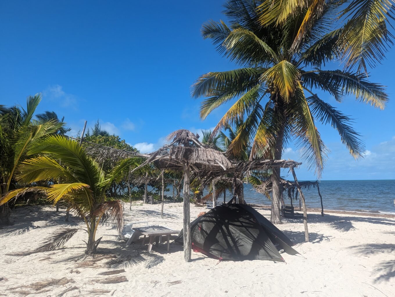 Plaża campingu Palula Beach w San Crisanto – palmy, zadaszenia z liści i nasz namiot nad Zatoką Meksykańską