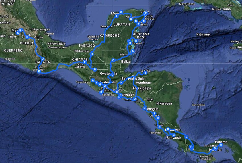 Mapa trasy przez Amerykę Środkową – od Mexico City przez Jukatan, Belize i Gwatemalę po Panamę