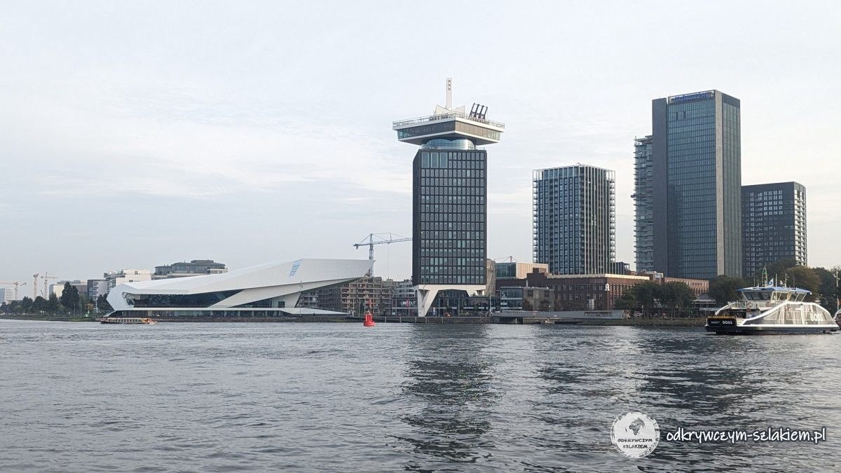EYE Filmmuseum and the A’DAM Toren on the bank of the IJ in Amsterdam, seen across the water from behind Centraal station