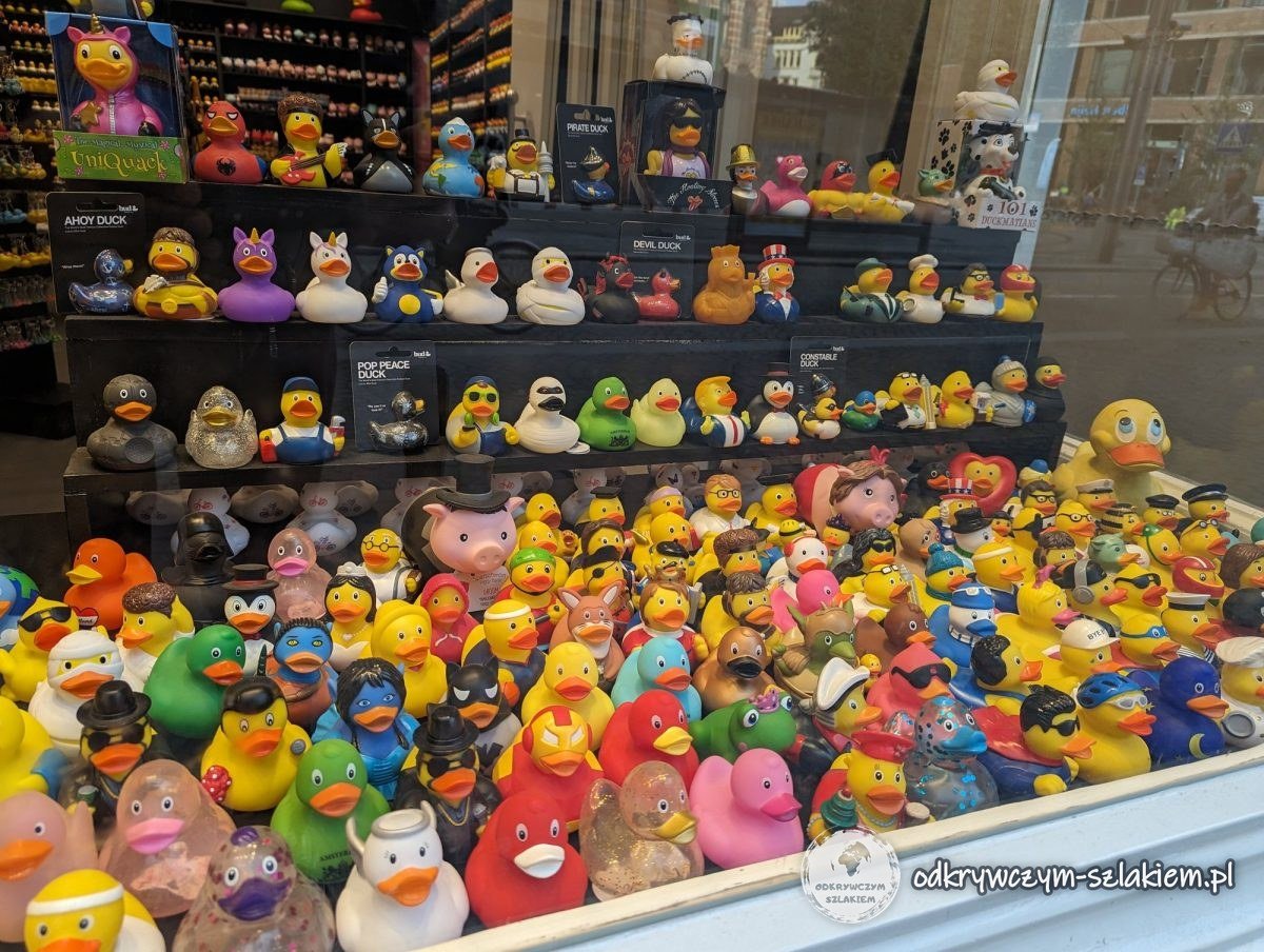 A shop window in Amsterdam full of colourful rubber ducks in costumes