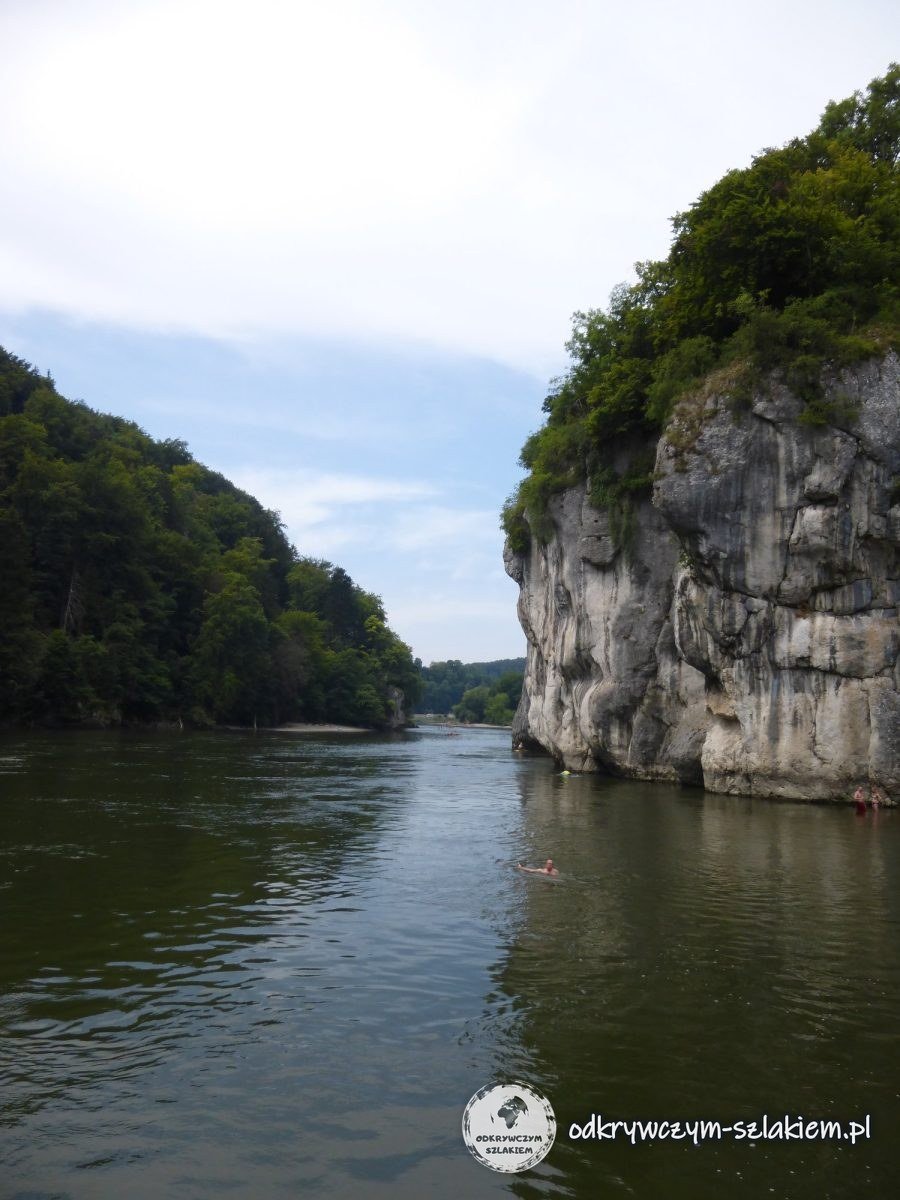 Die Donau zwischen einem hohen Kalkfelsen und einem bewaldeten Ufer im Durchbruch bei Weltenburg