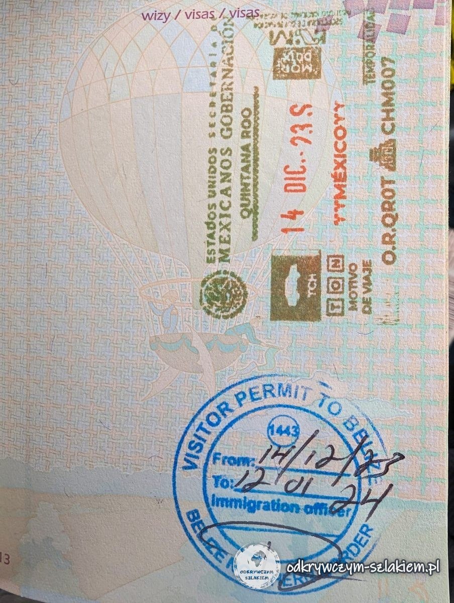 Passport stamps – exit from Mexico and permission to stay in Belize, 14 December 2023