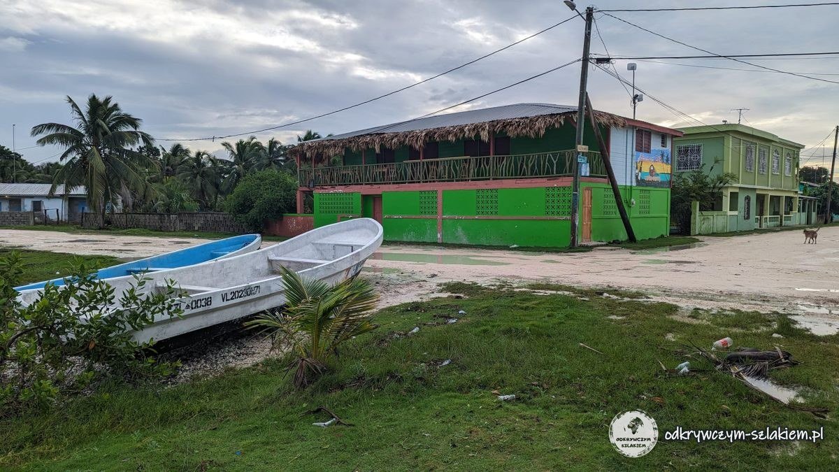Fishing boats and colourful houses in the village of Sarteneja, Belize