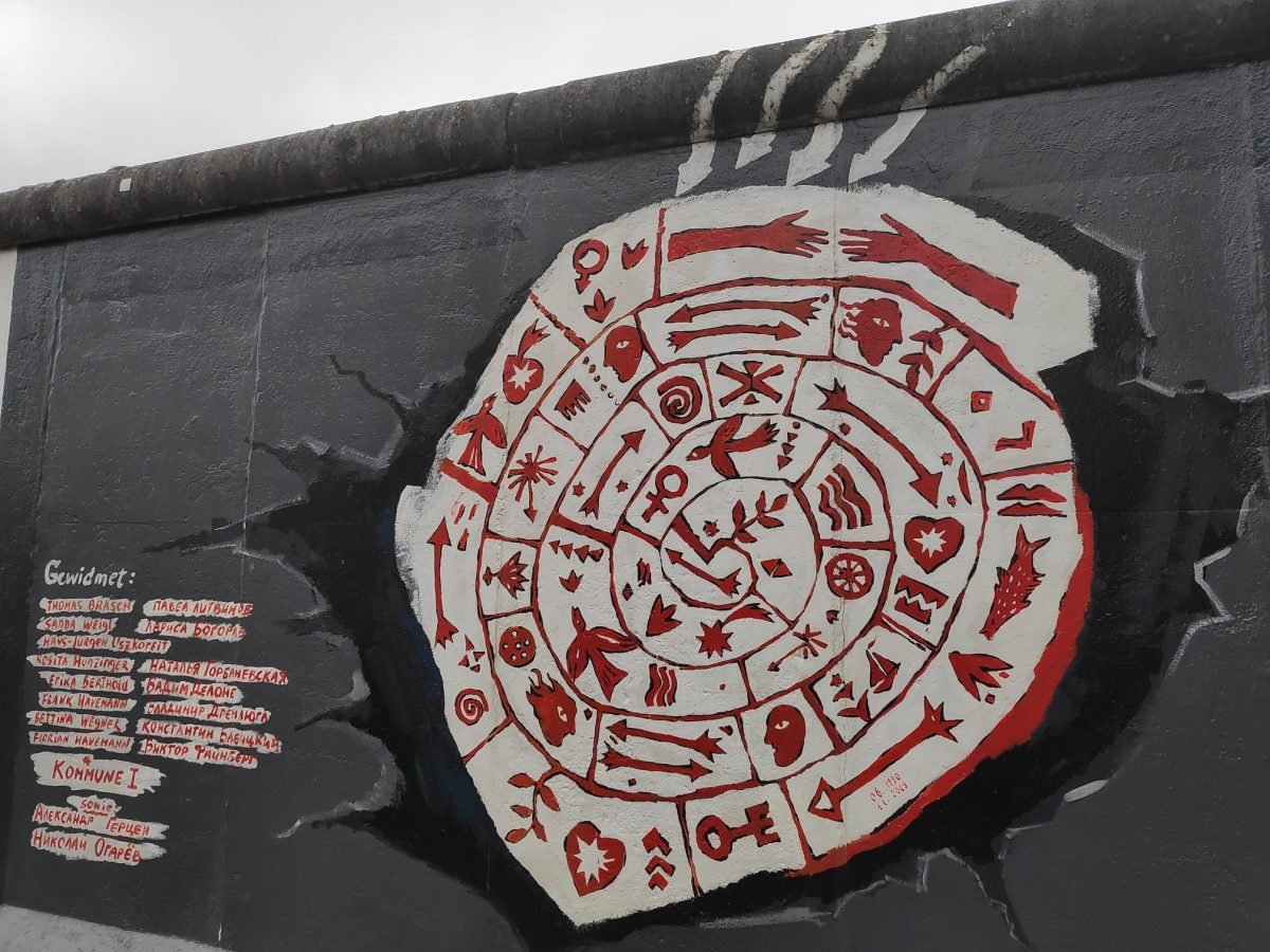 Mural z kręgiem symboli na East Side Gallery