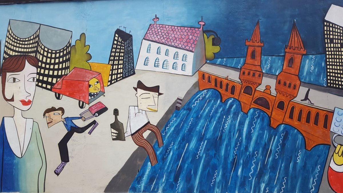 Graffiti przedstawiające okolice East Side Gallery z mostem Oberbaumbrücke