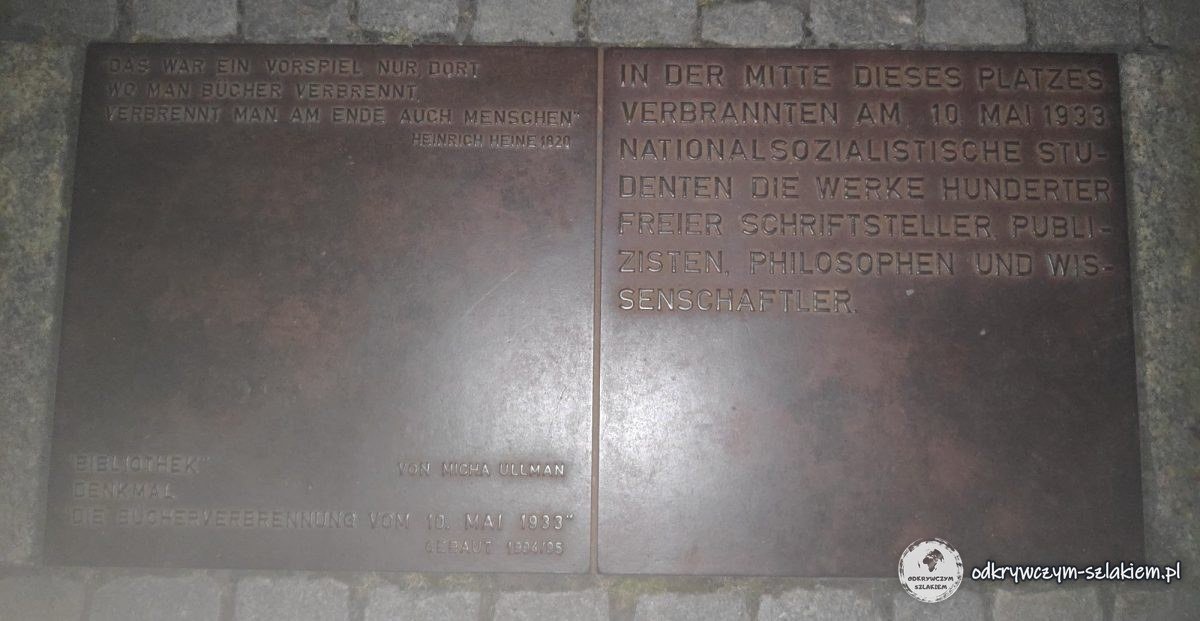Two bronze plaques in the Bebelplatz pavement describing the book burning of 10 May 1933, with a quote from Heinrich Heine