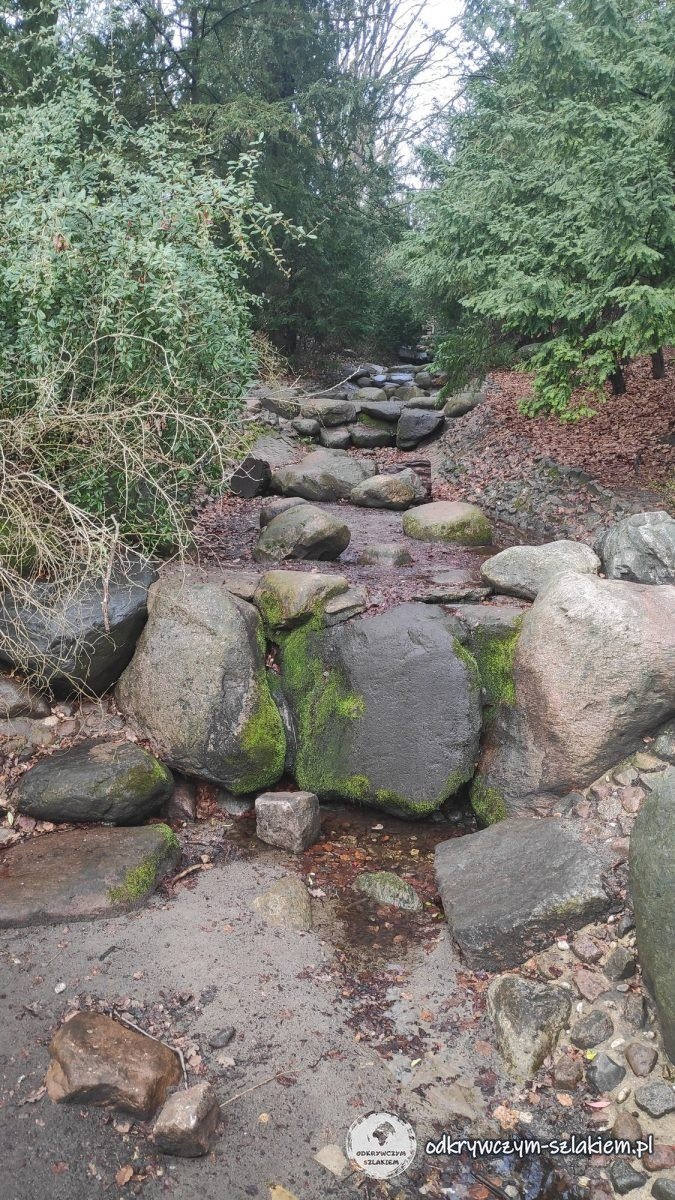 Der trockene Wasserfall im Steinbergpark im März mit bemoosten Findlingen