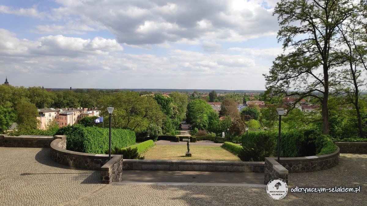 Widok z tarasu na zboczu Marienbergu na dachy Brandenburg an der Havel i okoliczne lasy