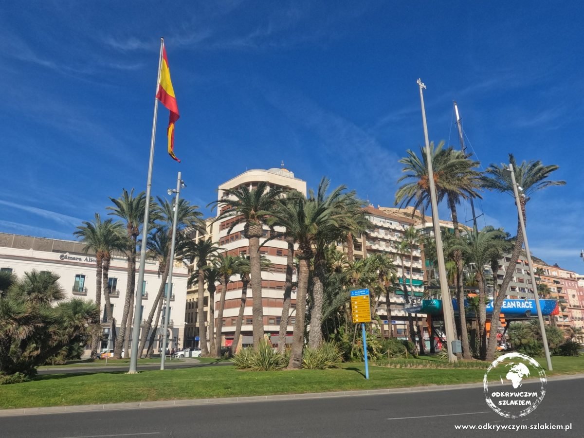 Plac Porta del Mar w Alicante z hiszpańską flagą i palmami