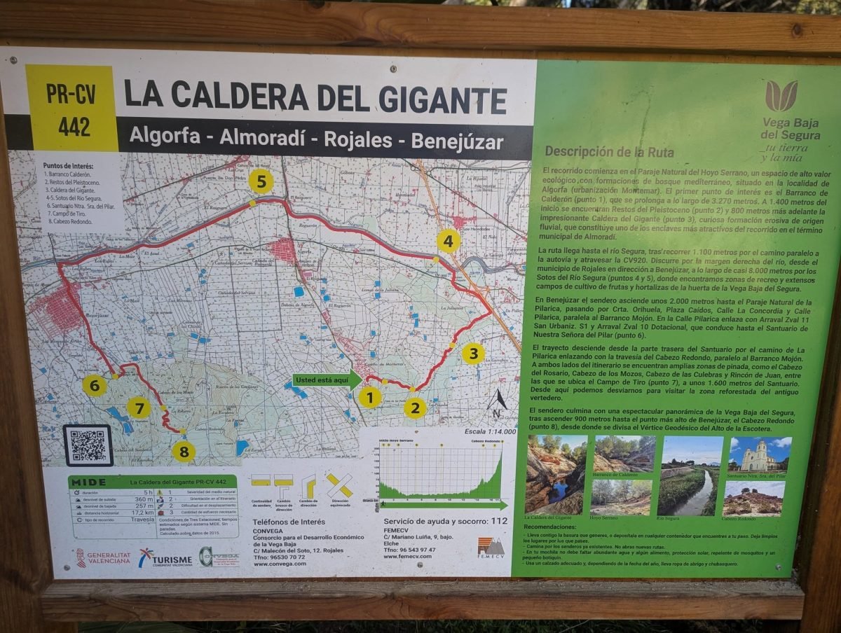 Tablica szlaku PR-CV 442 La Caldera del Gigante z mapą trasy z Algorfy do Benejúzar