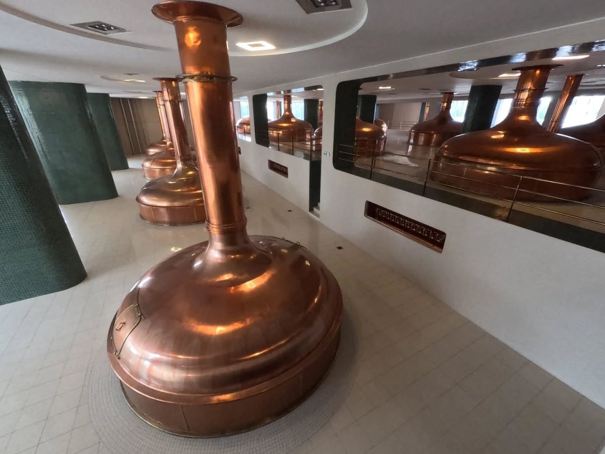 Rząd miedzianych kotłów w nowej warzelni browaru Pilsner Urquell