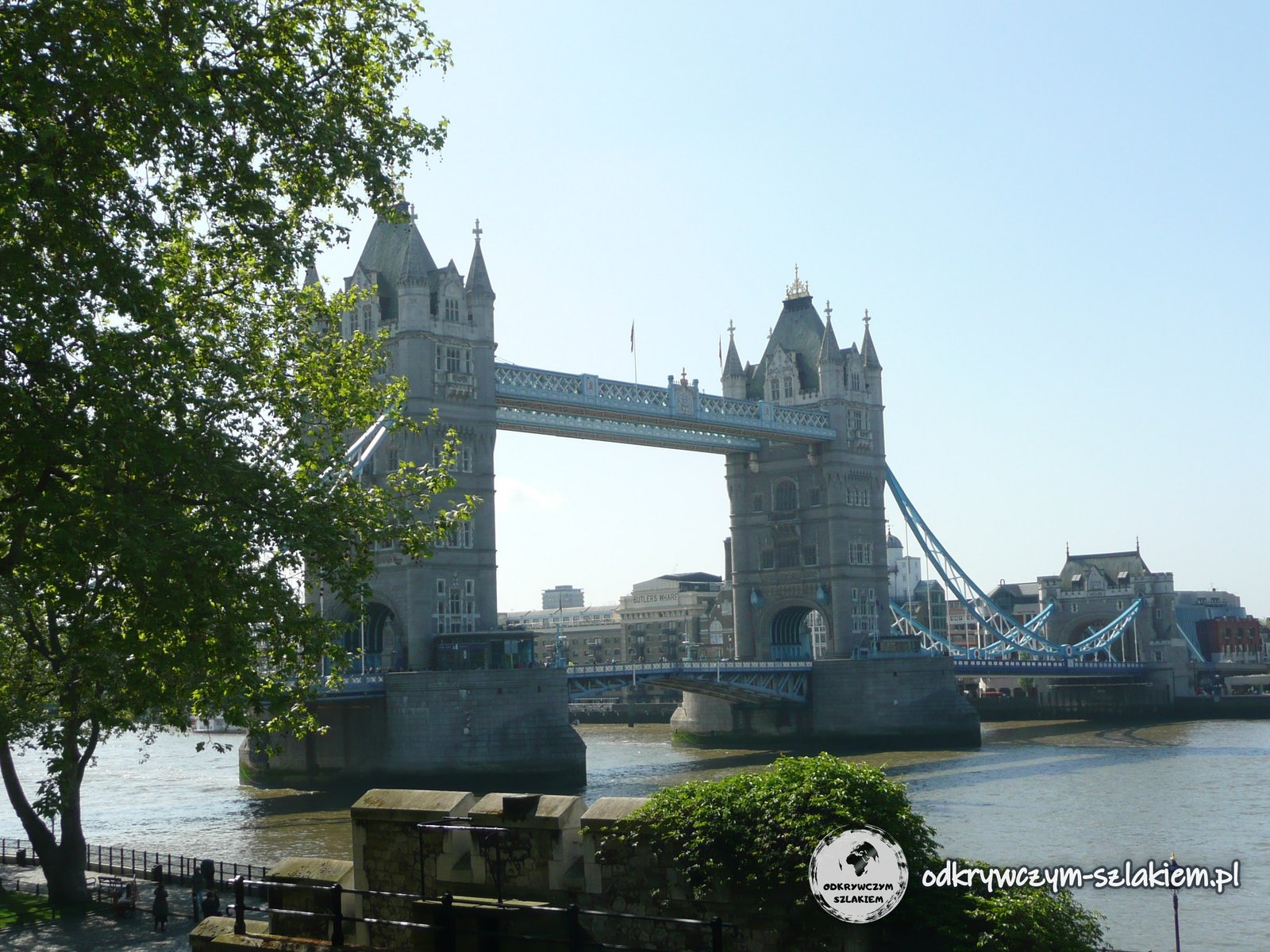Tower Bridge nad Tamizą w Londynie widziany z nabrzeża