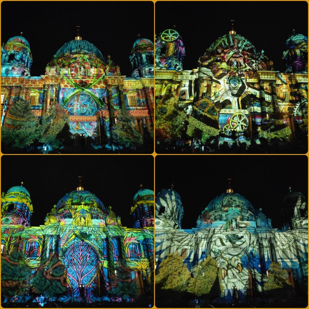 Katedra Berlińska w czterech różnych projekcjach – Festival of Lights 2019 (kolaż)