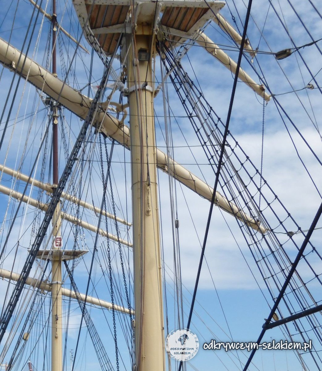 The masts, yards and rigging of the sailing ship Dar Pomorza seen from the deck against the sky