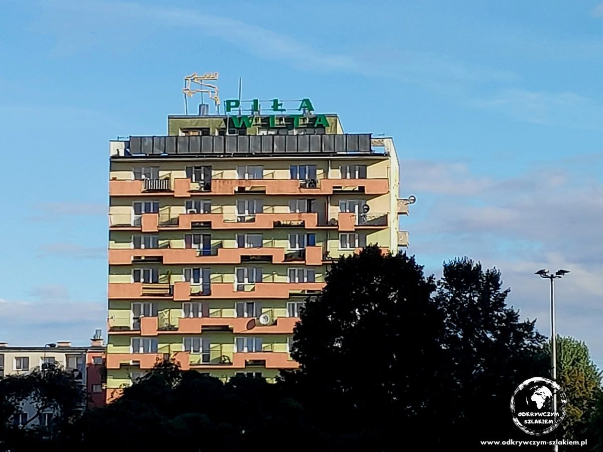 Neon „Piła wita” z jeleniem na wieżowcu w centrum Piły
