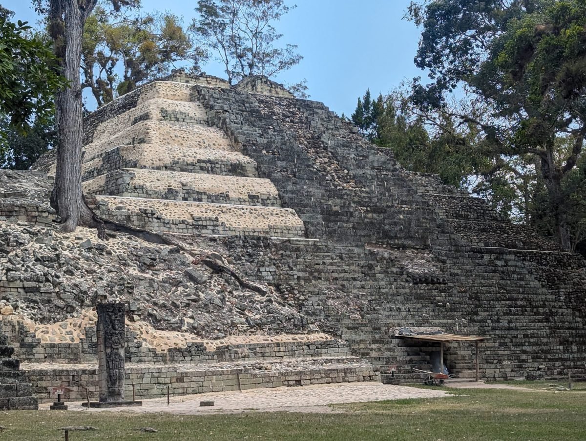 Schodkowa kamienna piramida ze stelą u podnóża w ruinach Majów w Copán, Honduras