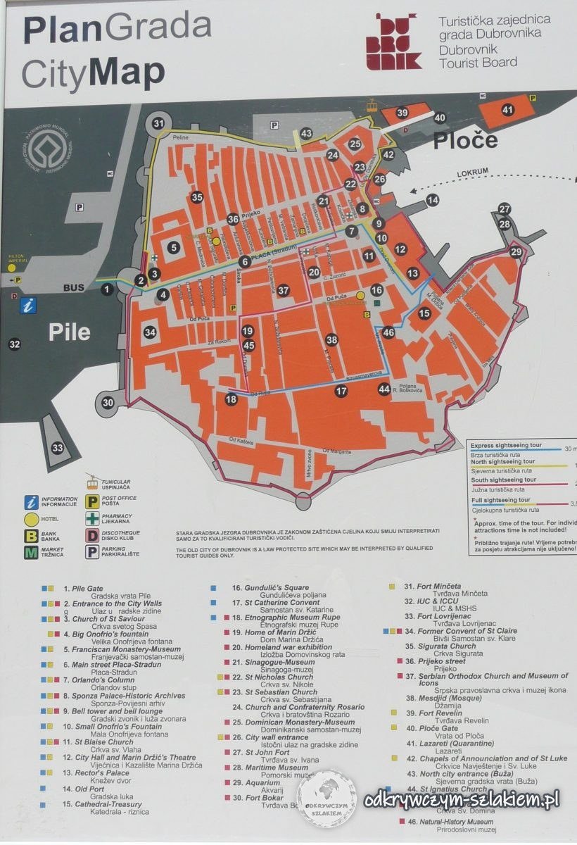 Plan Starego Miasta w Dubrowniku z zaznaczonymi zabytkami i trasami zwiedzania