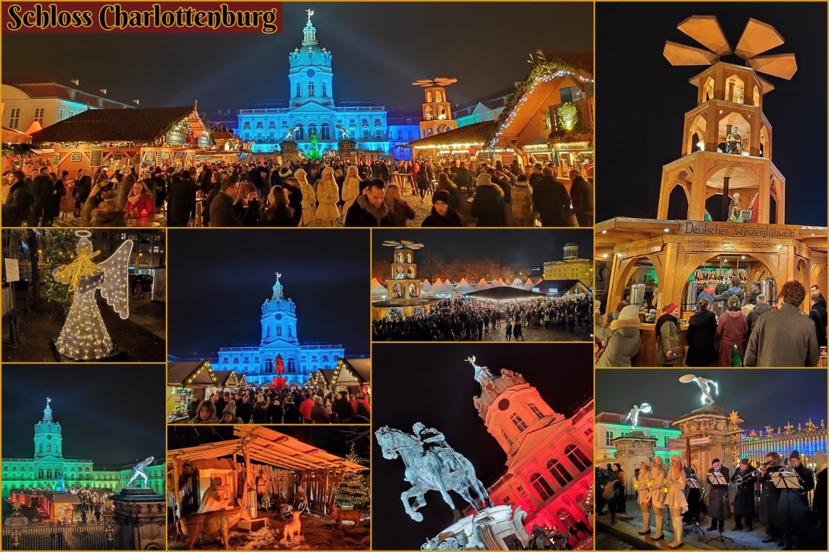 Kolaż z jarmarku świątecznego przed pałacem Charlottenburg w Berlinie – podświetlony pałac, budki i świąteczna piramida
