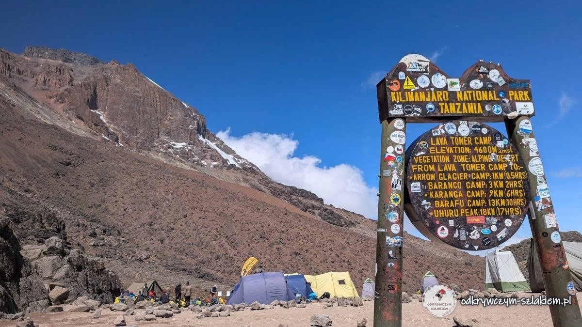 Tablica Lava Tower Camp z odległościami do kolejnych obozów i Uhuru Peak