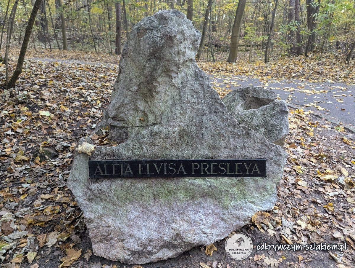 Una piedra con la placa Aleja Elvisa Presleya entre hojas otoñales en las rocas de Twardowski