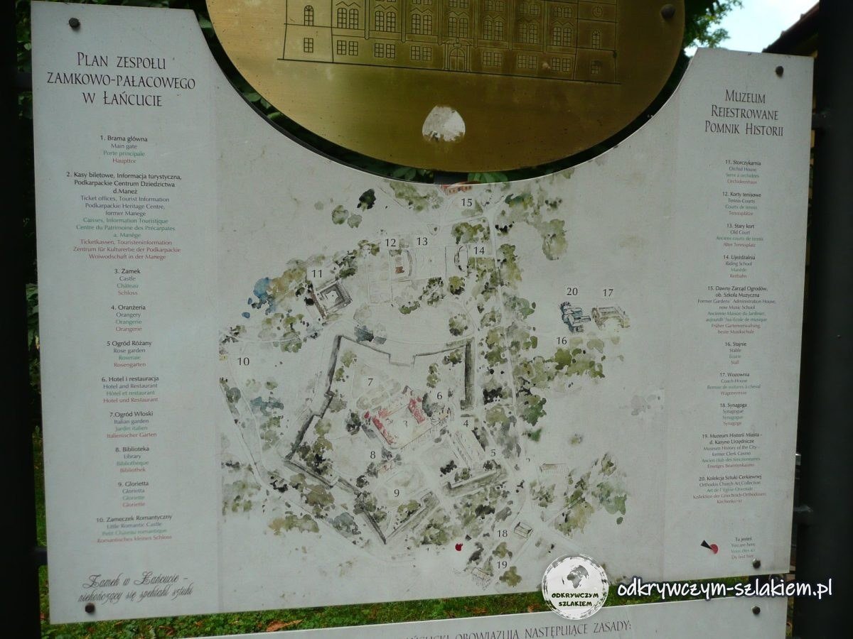 Panel con el plano del conjunto del castillo y el parque de Łańcut