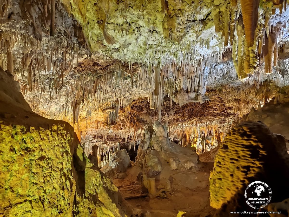Podświetlone nacieki skalne w jaskiniach Coves dels Hams
