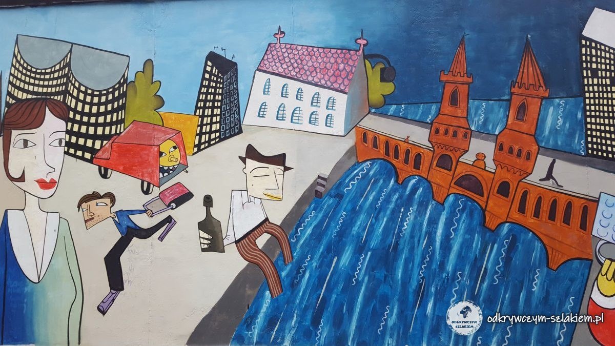 Mural z mostem Oberbaumbrücke na East Side Gallery
