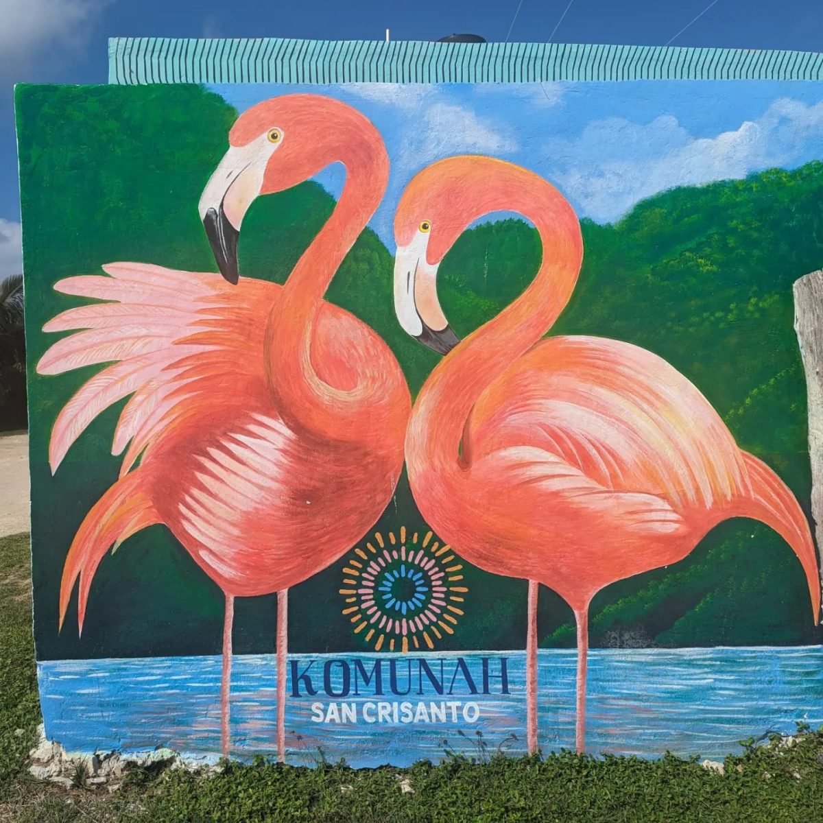 Mural z dwoma różowymi flamingami w San Crisanto