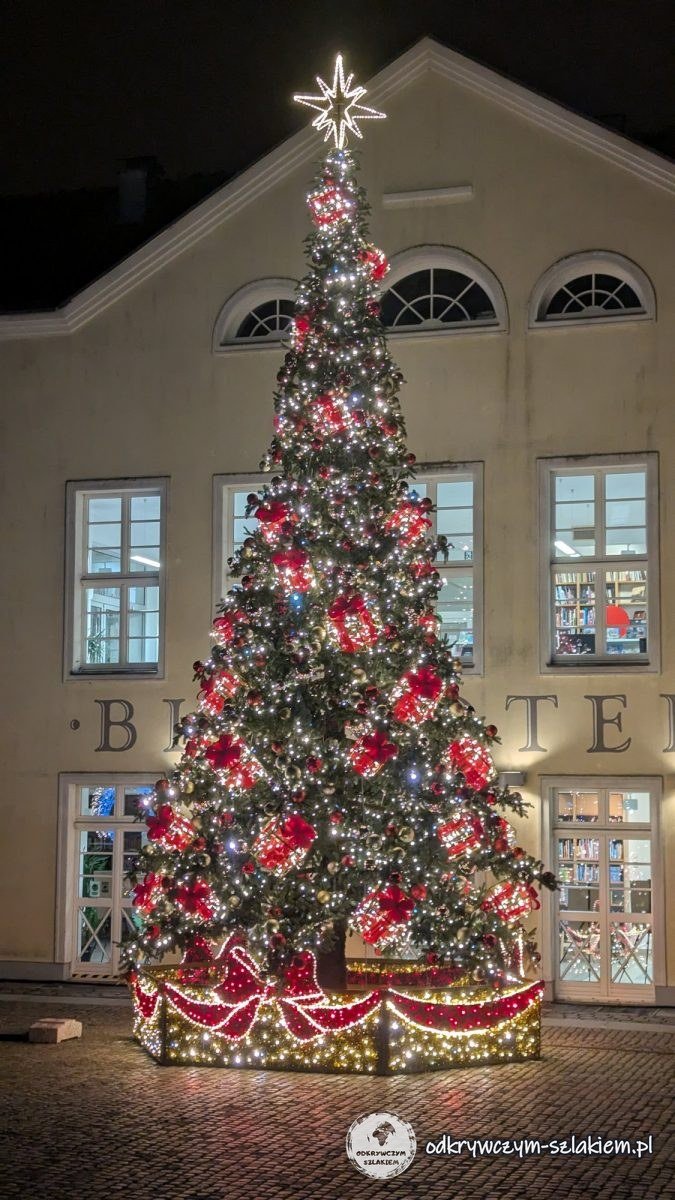 The Christmas tree in front of Olsztyn's Old Town Hall at night