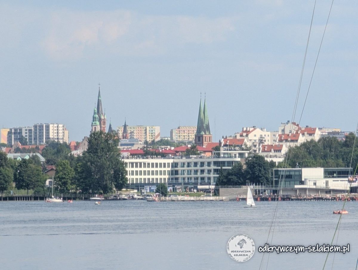 View from the western shore of Lake Ukiel towards central Olsztyn and its church towers