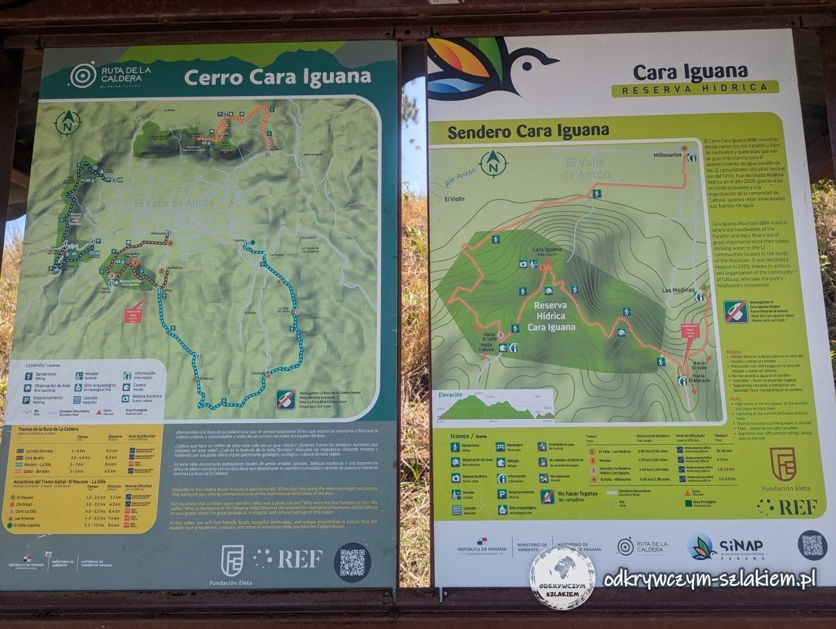 Tablice z mapami Cerro Cara Iguana i Ruta de la Caldera z długościami i czasami przejścia szlaków wokół El Valle de Antón