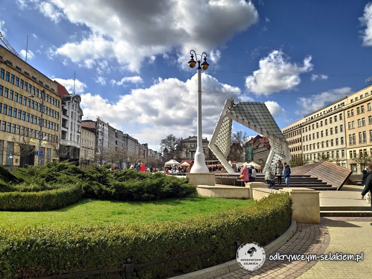 The Freedom Fountain with its glass wings on Freedom Square in Poznań on a sunny day