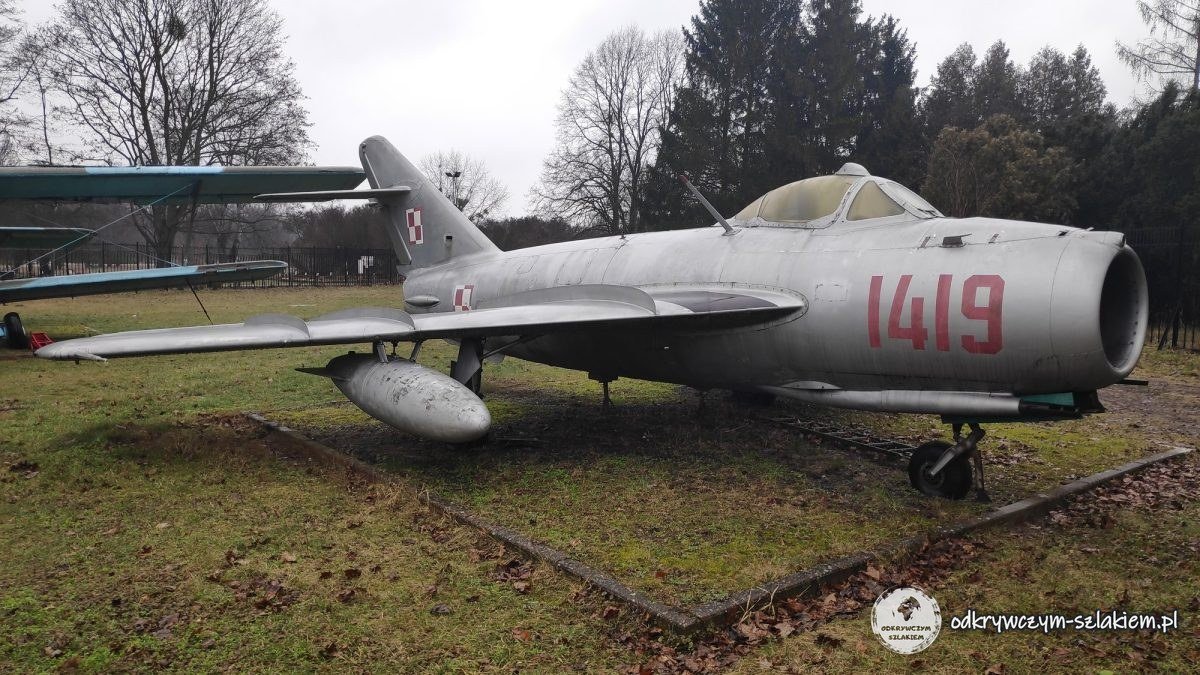 A MiG-15 fighter with the number 1419 in Polish Air Force markings on the lawn of the Armaments Museum