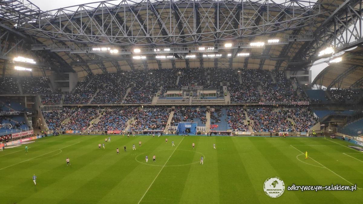 Inside Lech Poznań’s stadium on Bułgarska Street during an Ekstraklasa match