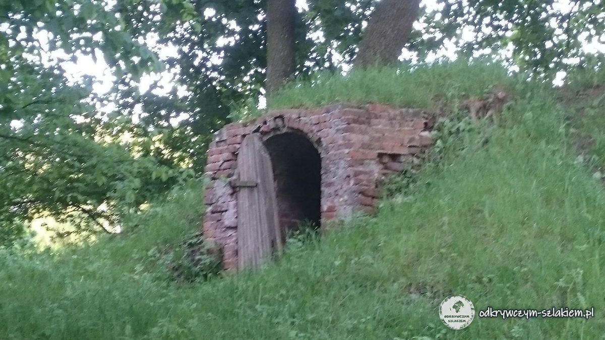 Stara ceglana piwnica wkopana w porośnięte trawą wzniesienie w Cieszymowie Wielkim