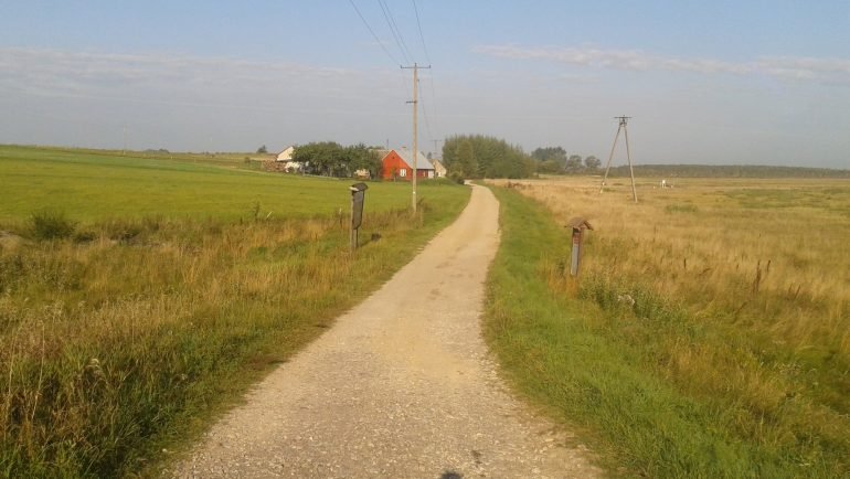 Szutrowa droga między łąkami i polami koło Szuszalewa na skraju Biebrzańskiego Parku Narodowego, z cieniem rowerzysty