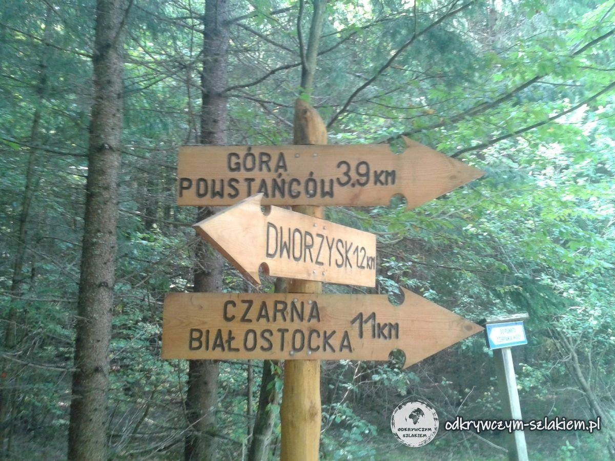 Hölzerner Wegweiser nach Góra Powstańców, Dworzysk und Czarna Białostocka im Knyszyner Wald