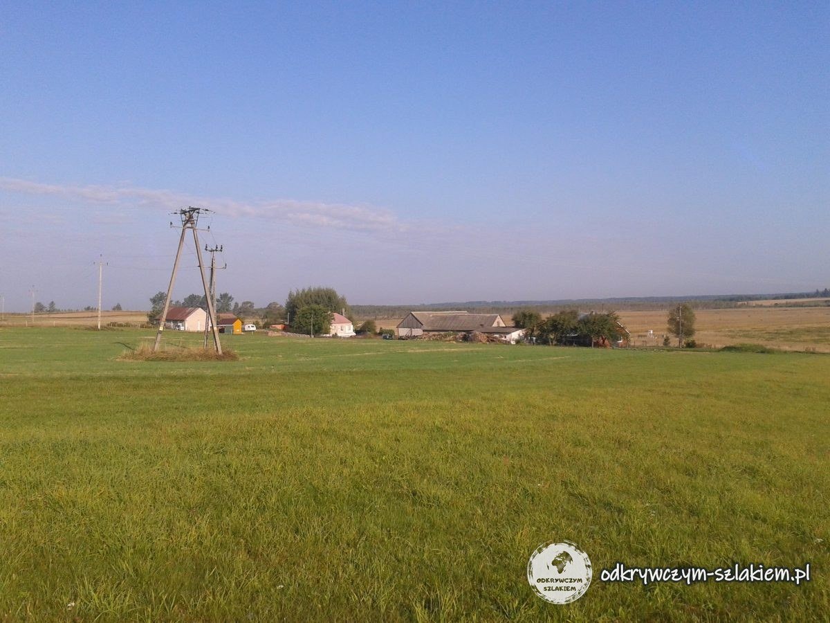 Wiese und Felder mit Dorfgebäuden und einem Strommast bei Szuszalewo
