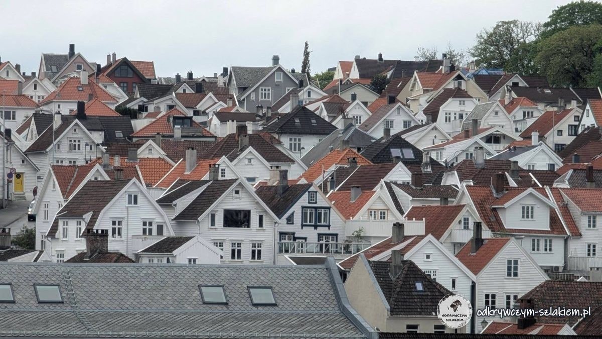 Dachy białych drewnianych domów Gamle Stavanger widziane z góry