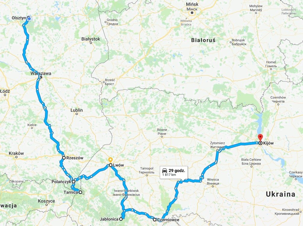 Mapa przybliżonej trasy wyprawy w 2017 roku: Olsztyn – Warszawa – Rzeszów – Bieszczady – Lwów – Jabłonica – Czerniowce – Kijów