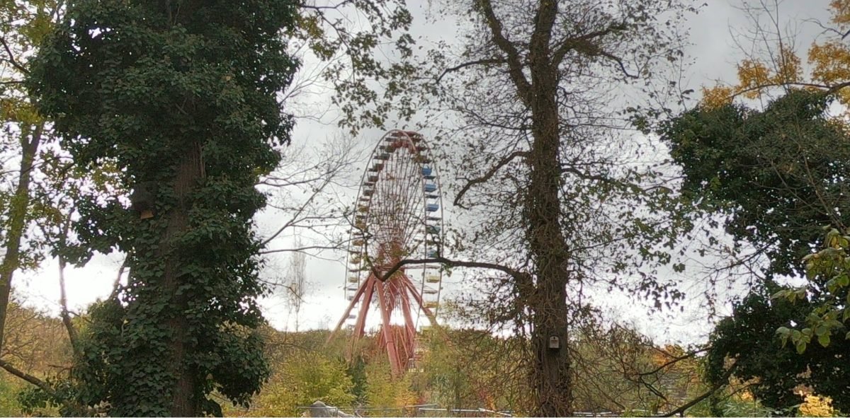 Diabelski młyn opuszczonego parku rozrywki Spreepark w Berlinie widoczny zza drzew