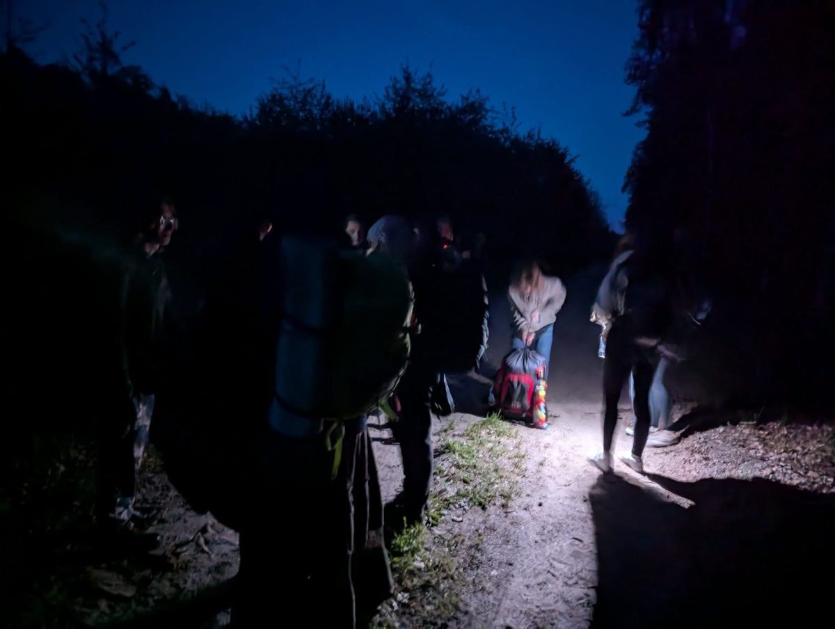 Nocny marsz przez las przy świetle czołówek