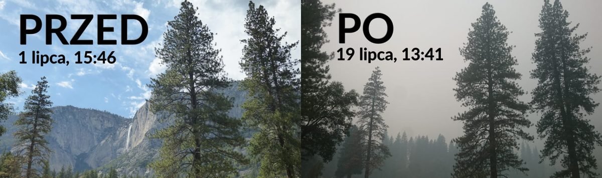 Ten sam widok na wodospad Yosemite 1 lipca i 19 lipca 2018 – przed pożarem i w dymie