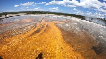 Pomarańczowe maty bakteryjne spływające z Grand Prismatic Spring