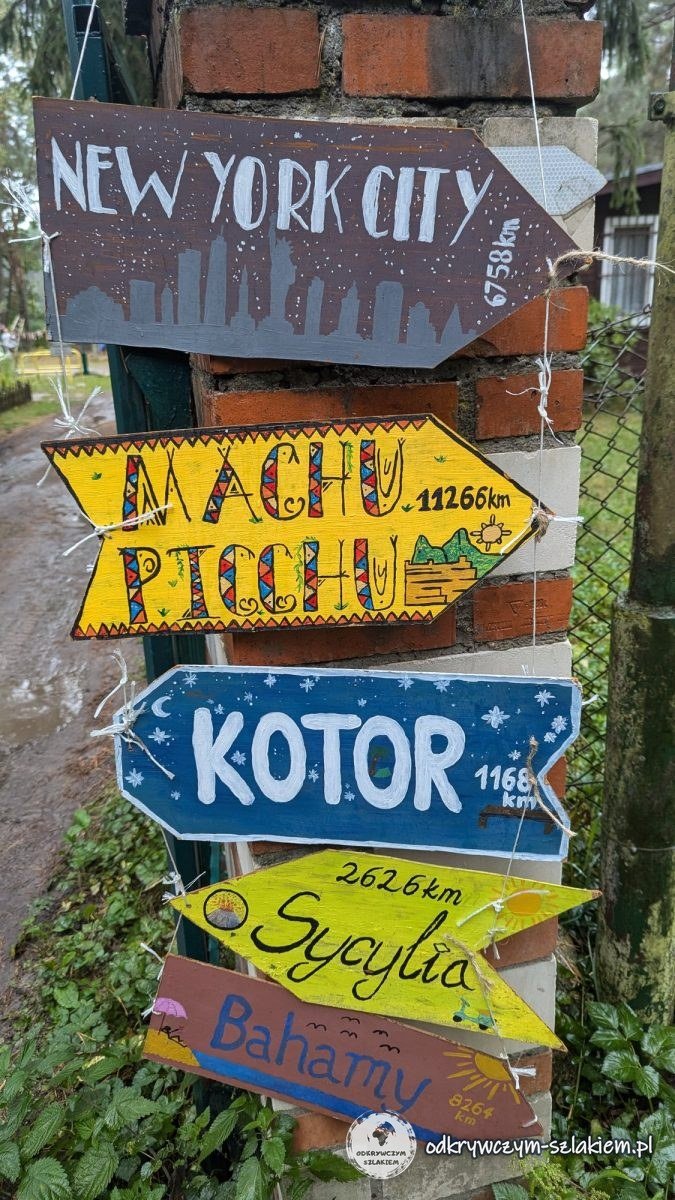 Bunte Wegweiser nach New York, Machu Picchu, Kotor, Sizilien und auf die Bahamas an einem Torpfosten