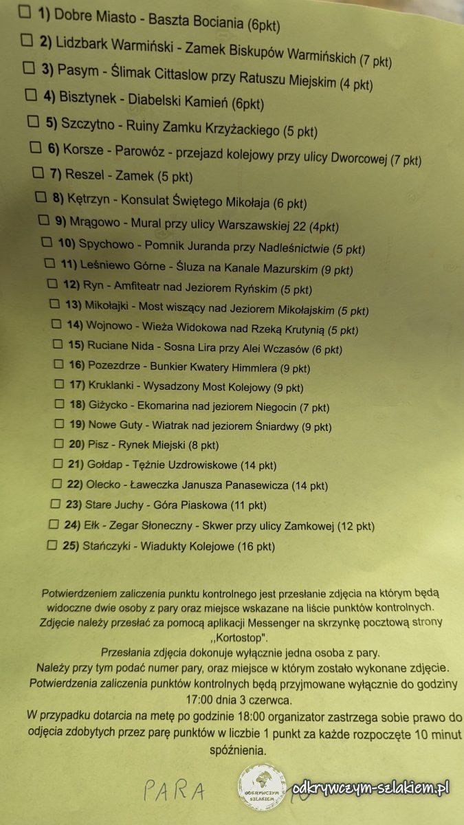 Liste der 25 Kontrollpunkte des Kortostop 2023 mit Punkten und Regeln, unterschrieben mit „Para nr 10“ (Paar Nr. 10)